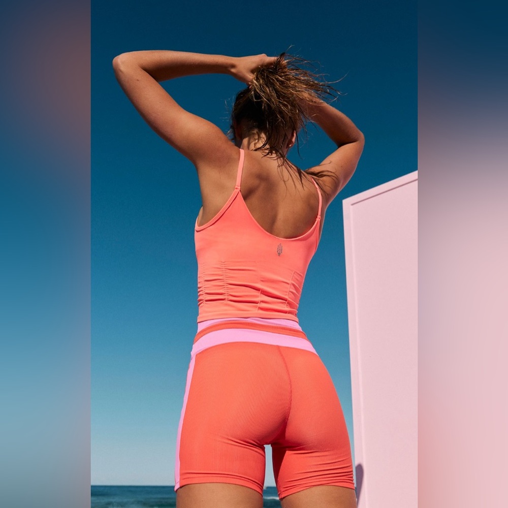 Free People Movement Neon Coral Good Karma Ruched Crop Tank Size M/L